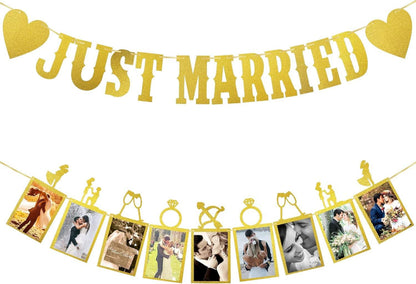 Just Married Banner Girlande mit Fotobanner Hochzeit Deko Tisch Stand