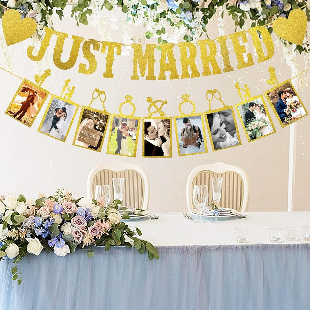 Just Married Banner Girlande Fotobanner Hochzeit Deko Tischdekoration