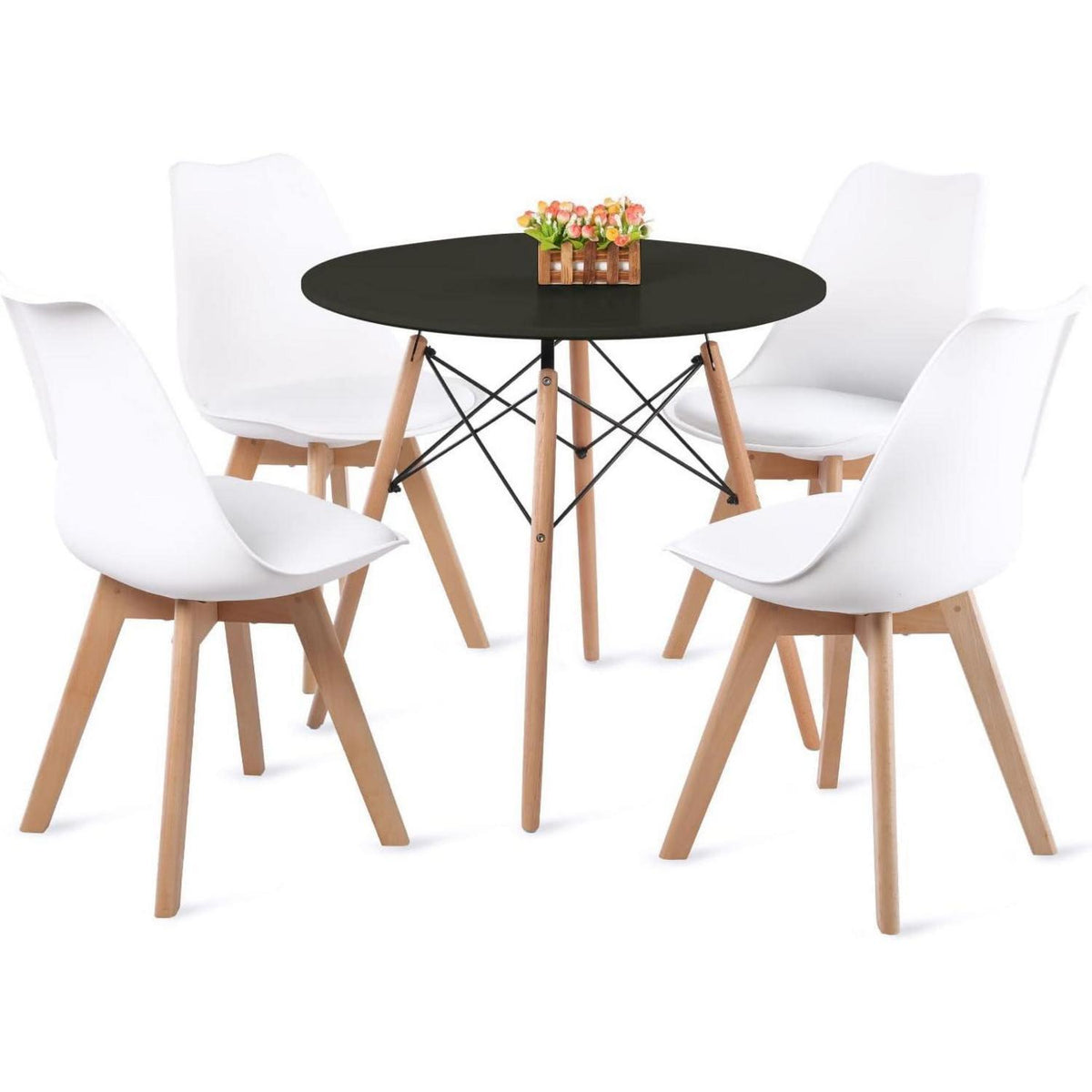 Rundes Esszimmer-Set mit 4 skandinavischen Stühlen, Schwarz Weiß