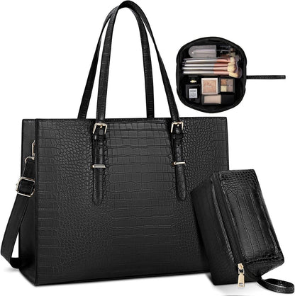 Lubardy Damen Handtasche Shopper Schwarz 15.6 Zoll PU Leder