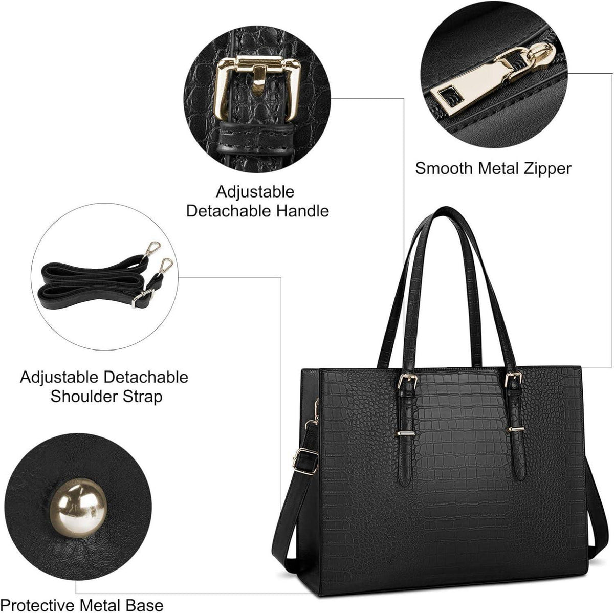 Lubardy Handtasche Damen Schwarz Groß 15.6 Zoll Laptop Elegant PU-Leder