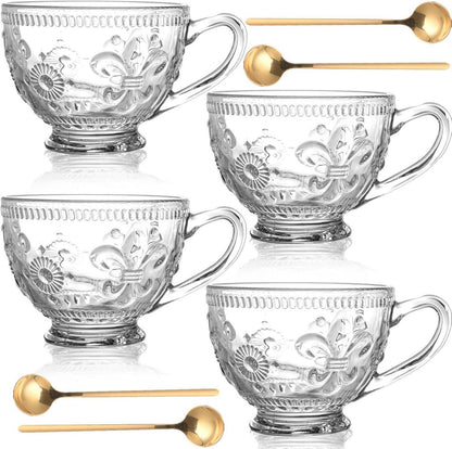 4er Glas Kaffeetassen Set Vintage 400ml mit Löffeln