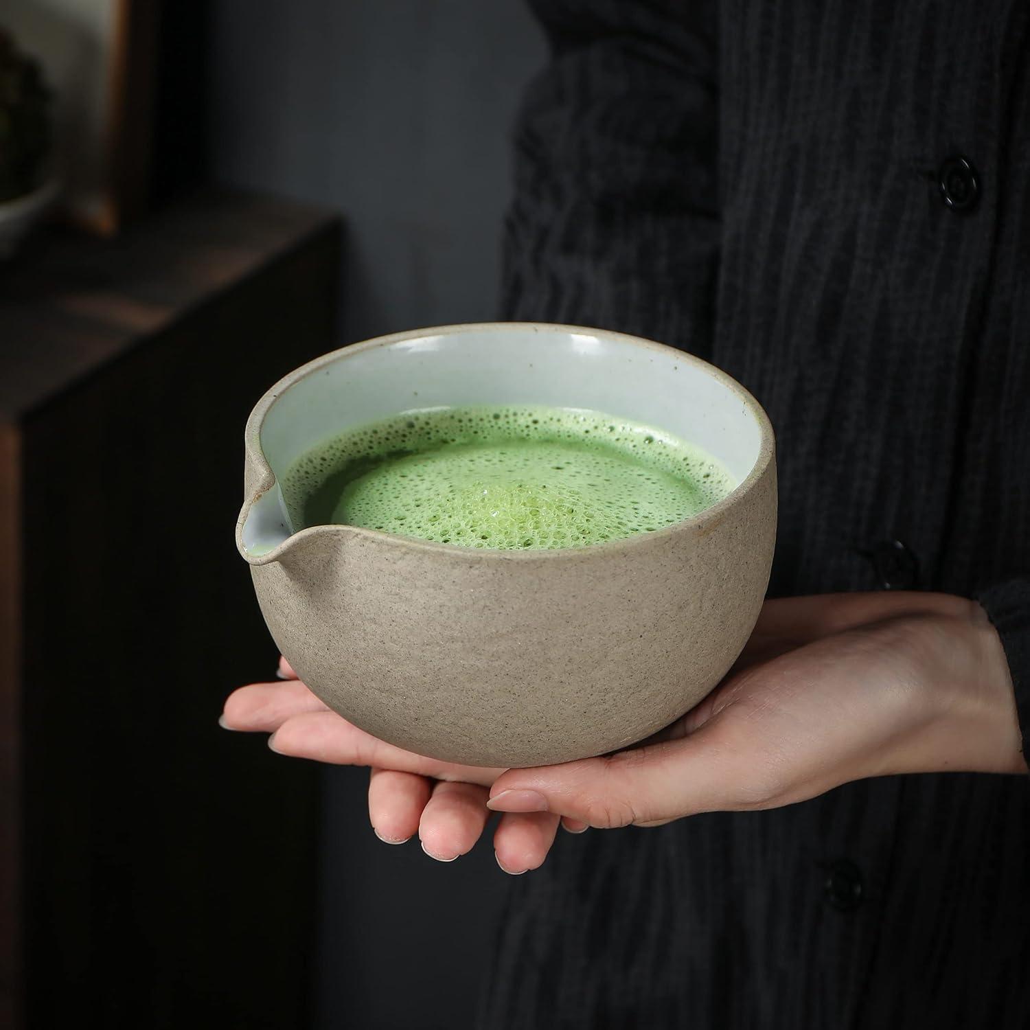 Japanisches Matcha-Tee-Set 7-teilig Bambus Keramik Dunkelgrau