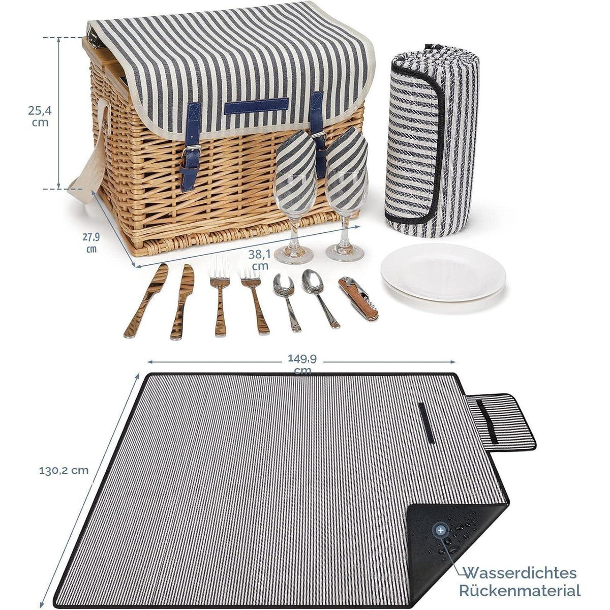 Picknickkorb Set für 2 Personen mit Weintisch & Zubehör