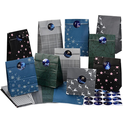 Adventskalender zum Befüllen 24 Kraftpapiertüten Blau Grau
