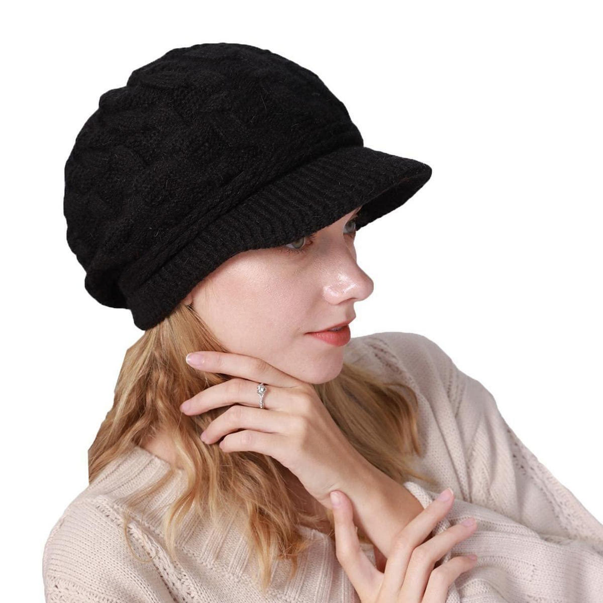 Damen Wintermütze mit Visier, gefüttert, Zopfstrick