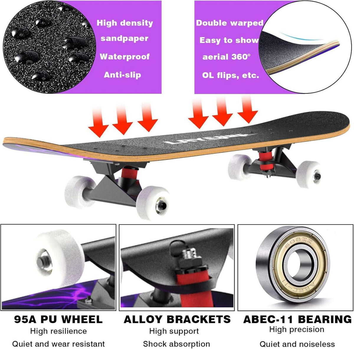 Skateboard 31 Zoll Ahorn Deck ABEC-11 Halterung ???? Geeignet für alle