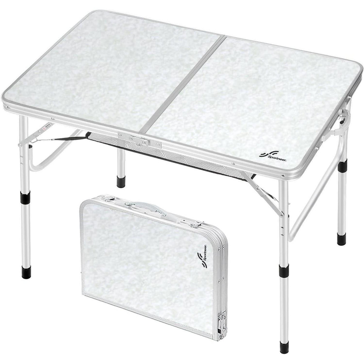 Höhenverstellbarer Campingtisch mit Netzablage, 90x60cm Weiß