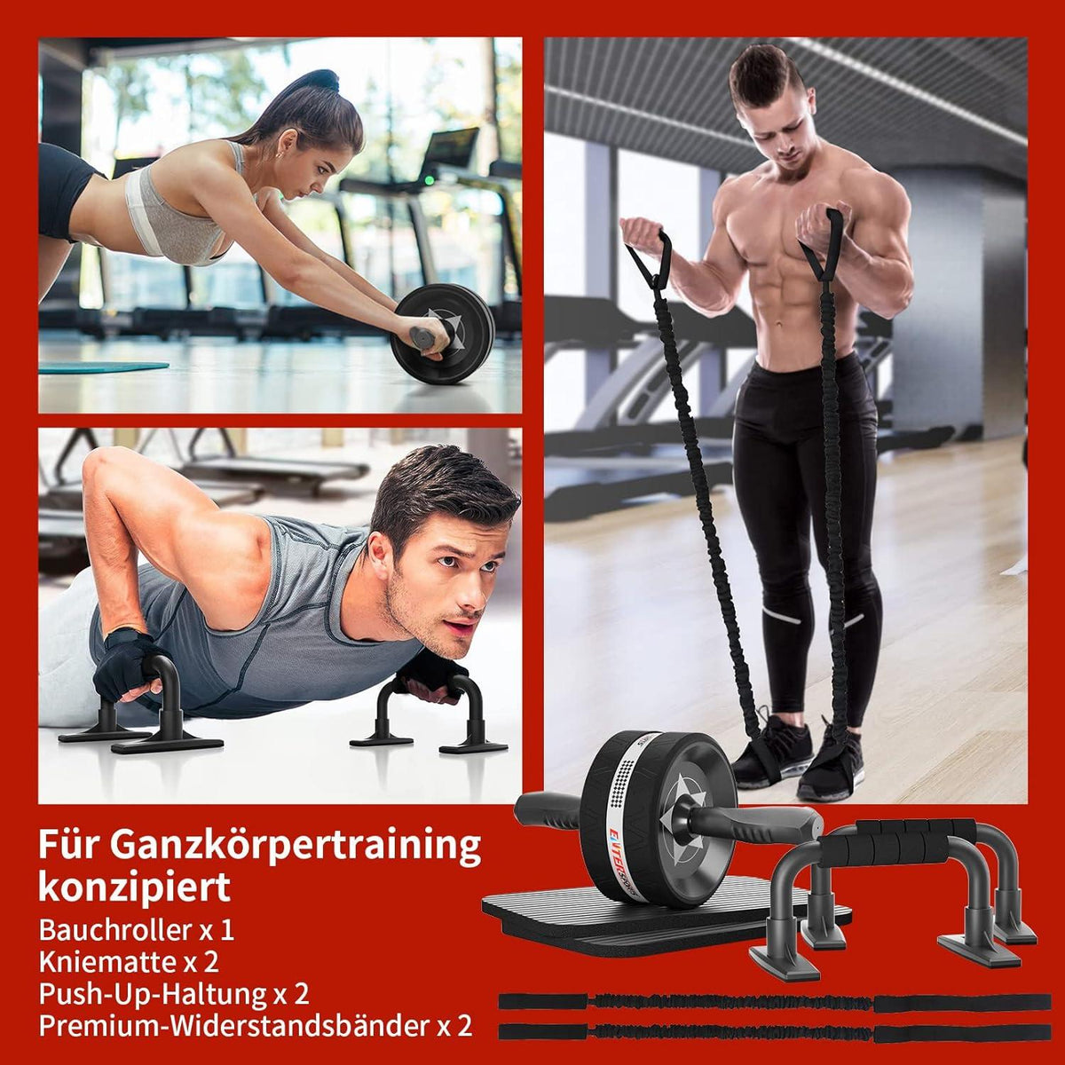 EnterSports 6-in-1 Bauchroller Set mit Fitnessband und