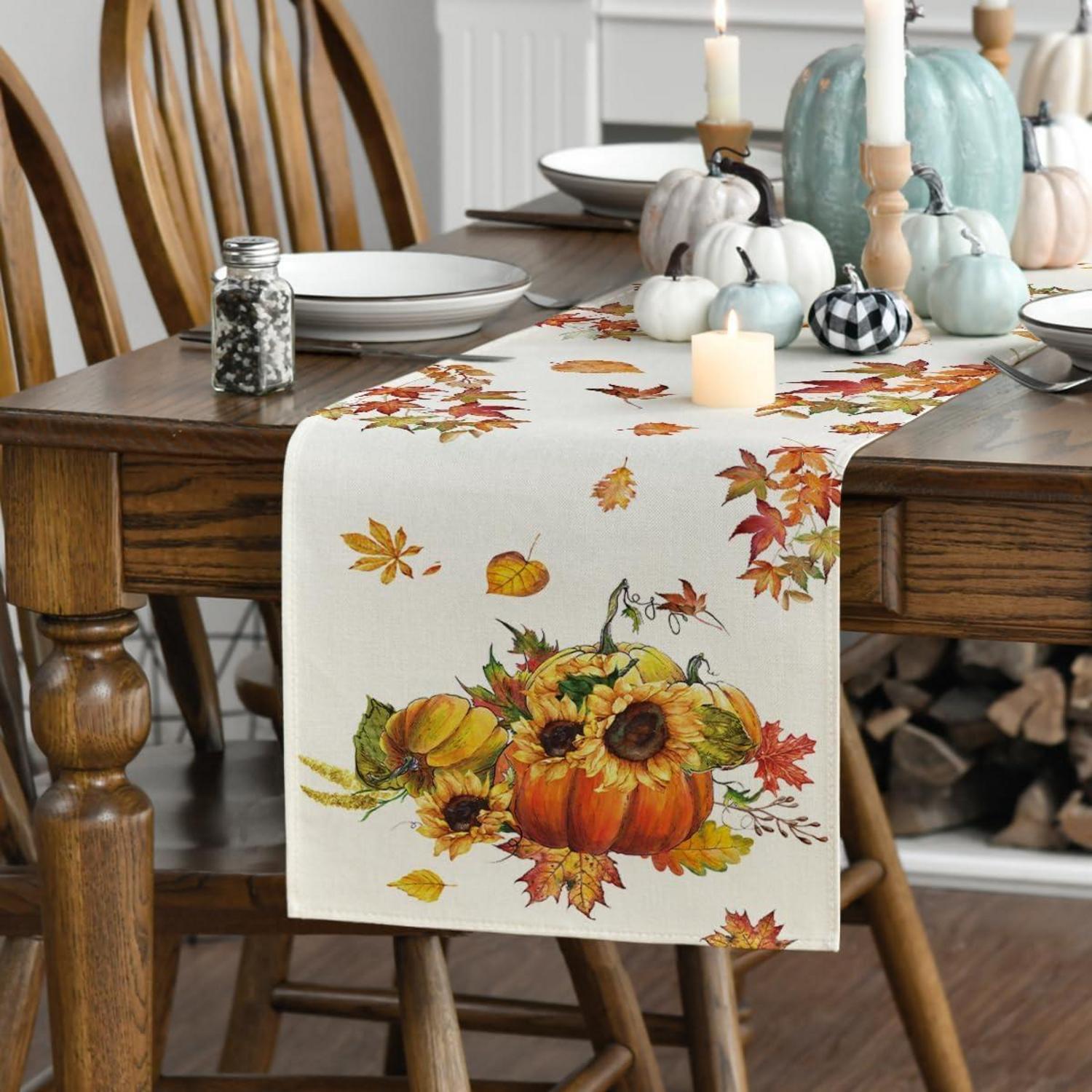 Herbst Tischläufer Kürbisse Ahornblätter Sonnenblumen 40x140 cm