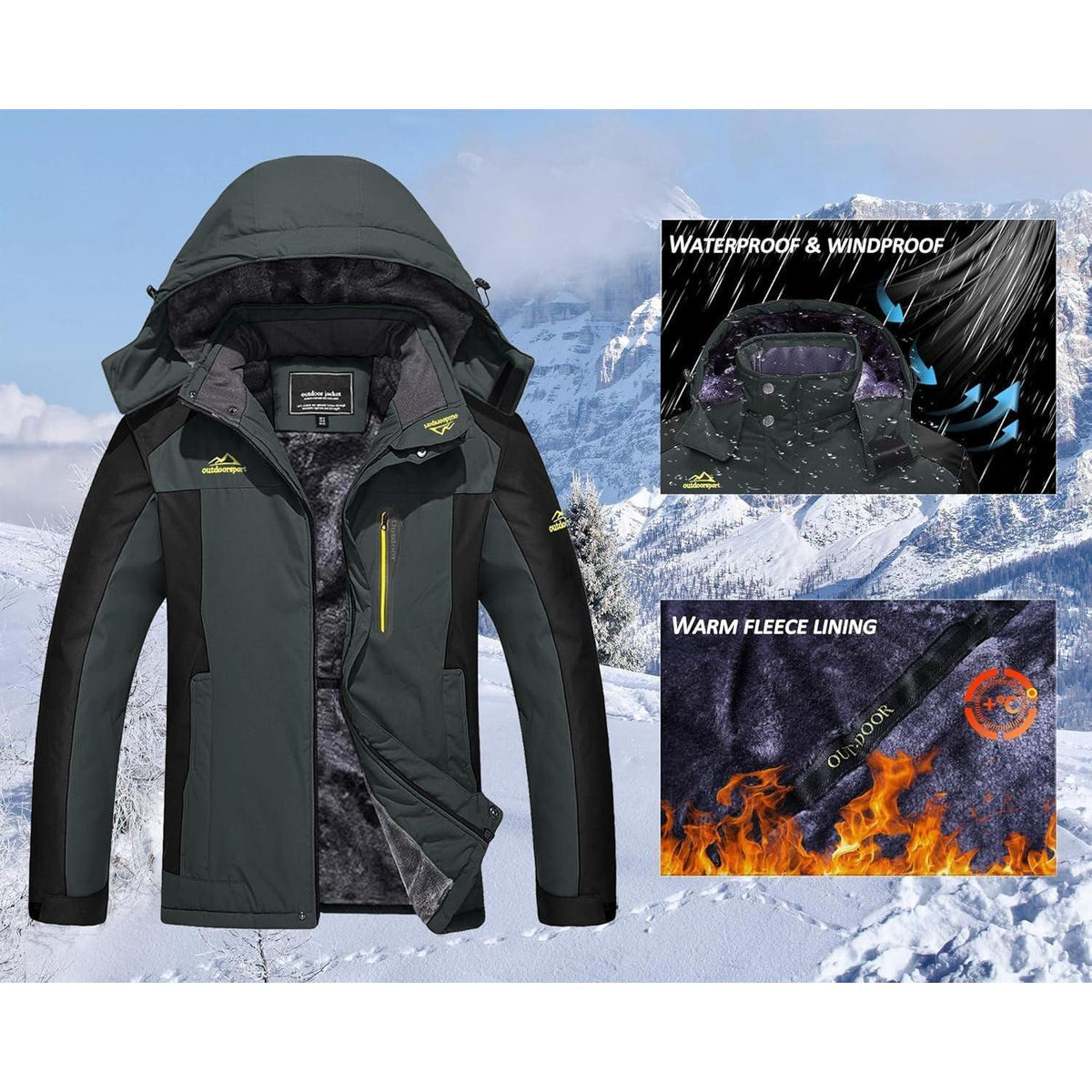 Herren Winterjacke Wasserdicht Warm Gefüttert Skijacke Grau-Schwarz
