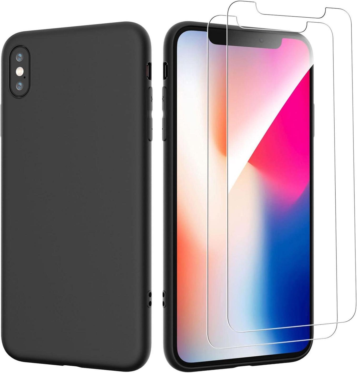 Panzer Schutzglas und dünn Schwarz Silikon Hülle Set für iPhone X XS