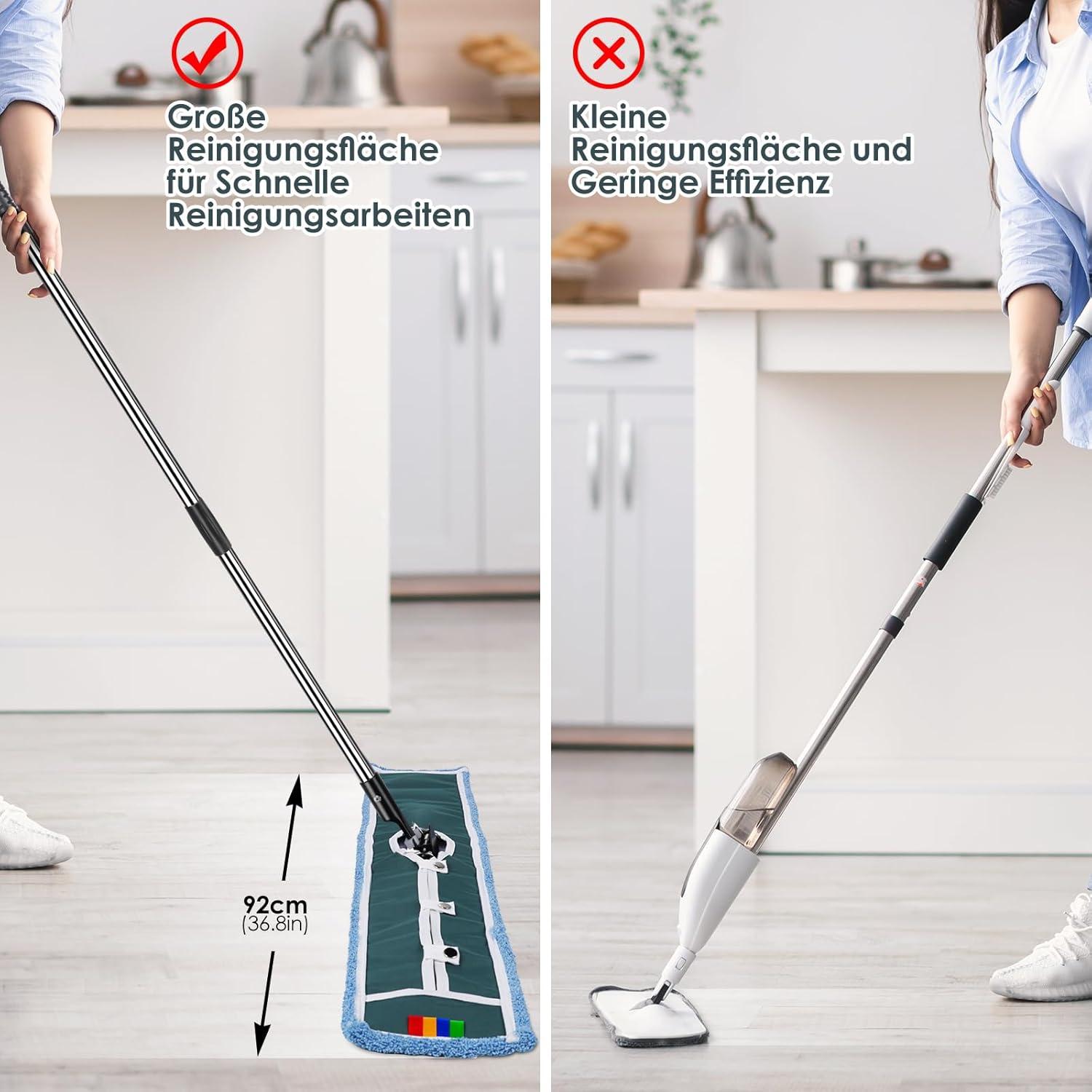 Groß Flachmopp mit 129cm Edelstahlgriff - 1 Mikrofaser Moppads & 1