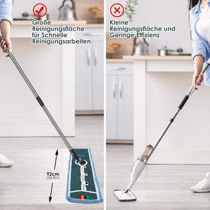Groß Flachmopp mit 129cm Edelstahlgriff - 1 Mikrofaser Moppads & 1