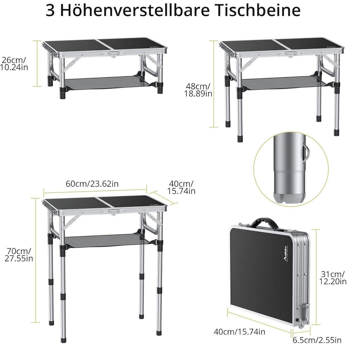Klapptisch Camping 60x40cm Aluminium 3 Höhen verstellbar mit Netz