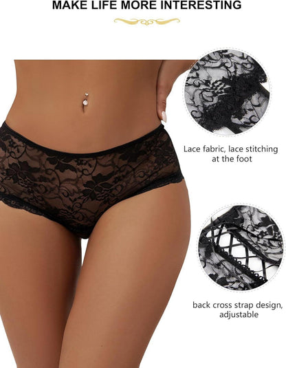 Sexy Spitzen Ouvert String Tanga Große Größen Dessous XS-4XL Schwarz