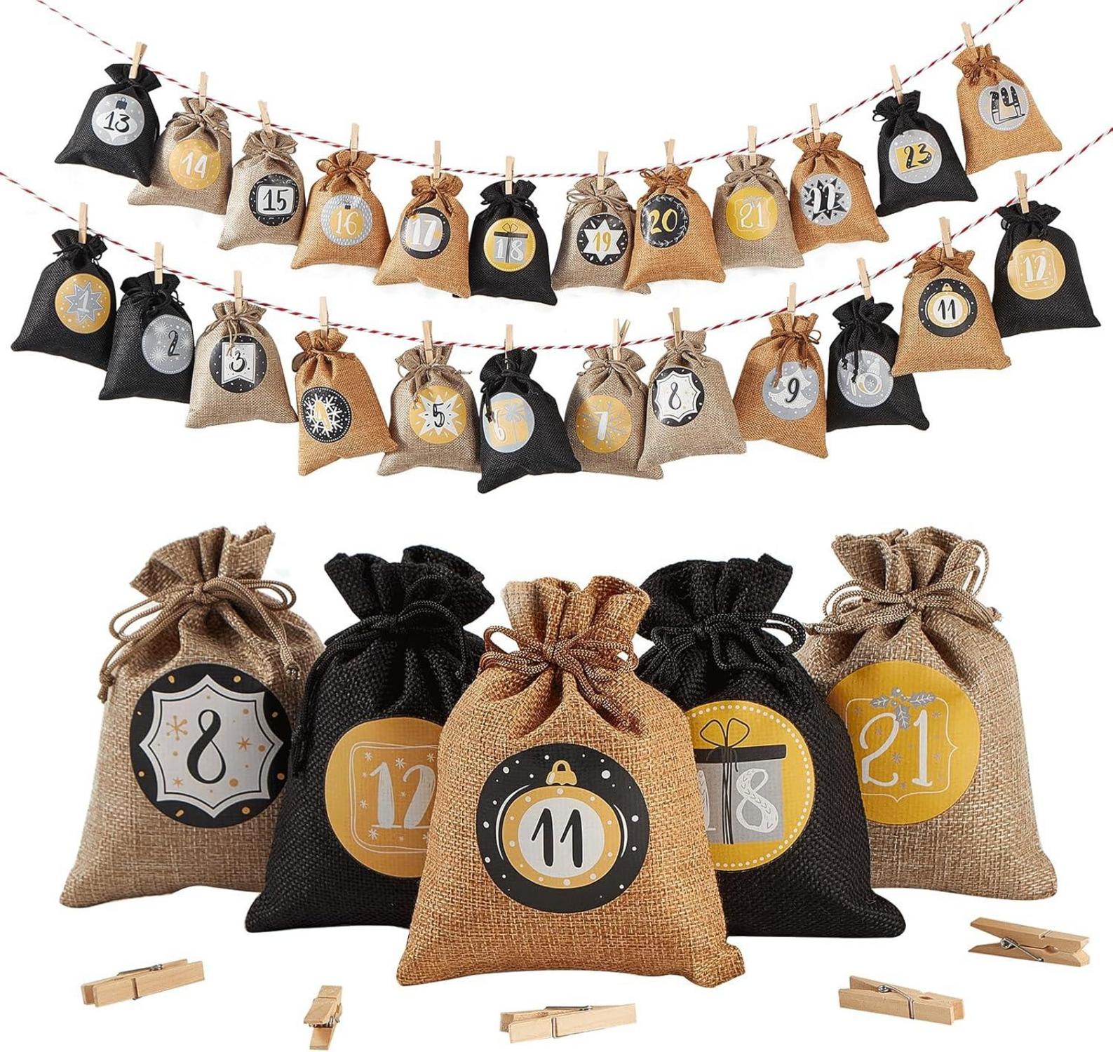 Adventskalender Jutesäckchen zum Befüllen 24 Stück Schwarz