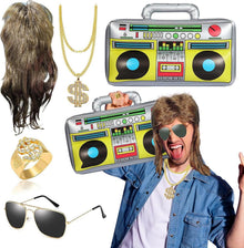 Fasching Karneval Kostüm 5 in 1 Set Vokuhila Perücke Hip Hop Zubehör