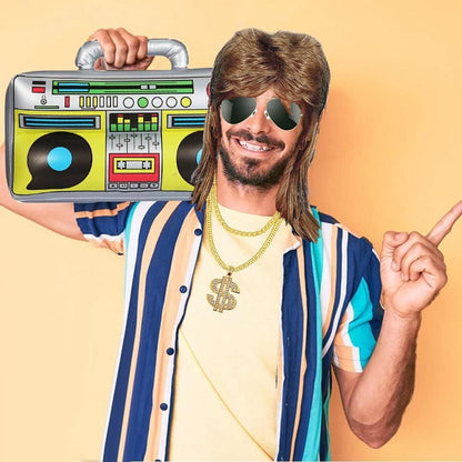 80er 90er Hip Hop Rapper Kostüm Set Vokuhila Perücke Boombox Goldkette