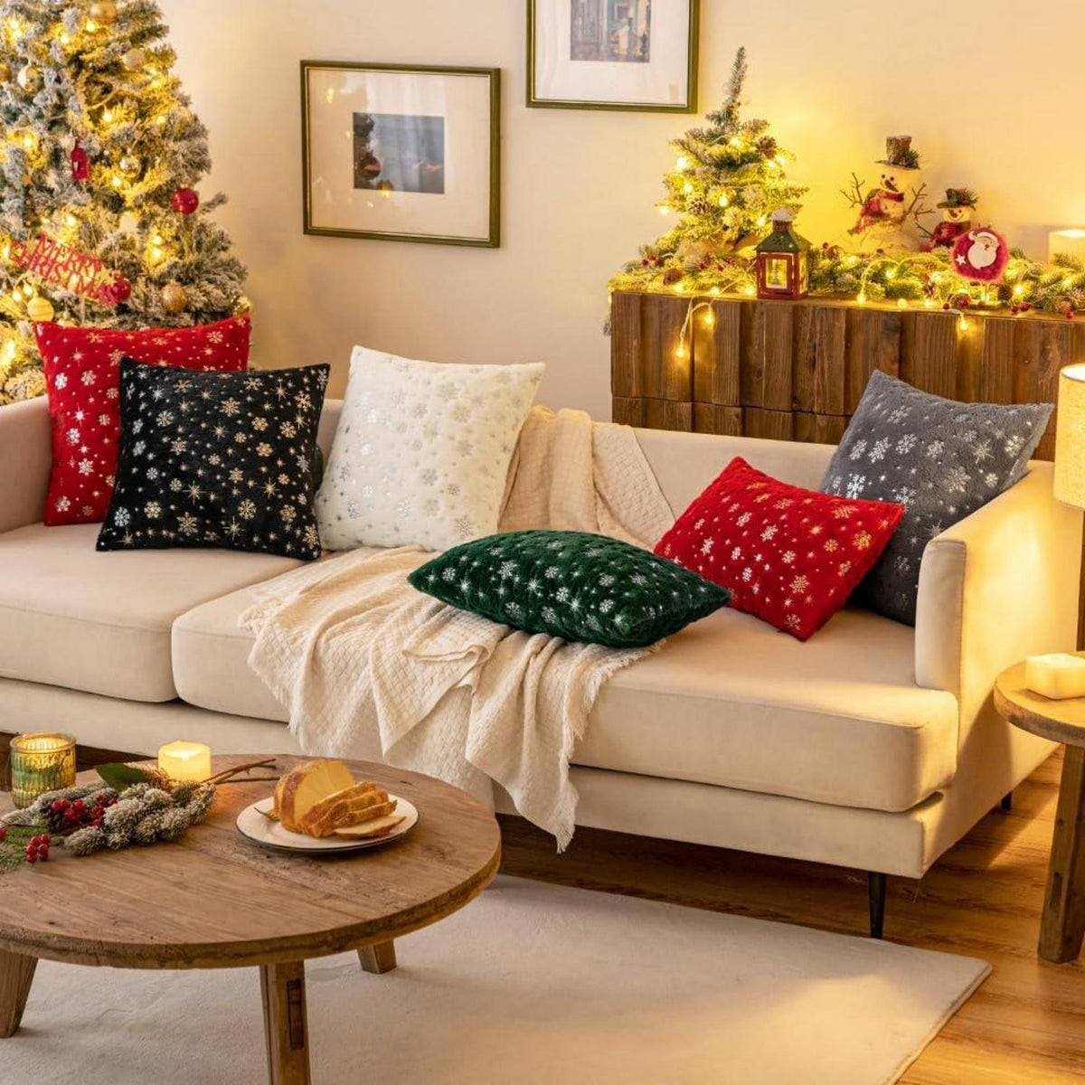 Kissenbezüge Weihnachten 2er Set Flauschig Schneeflocken 45x45 cm Weiß