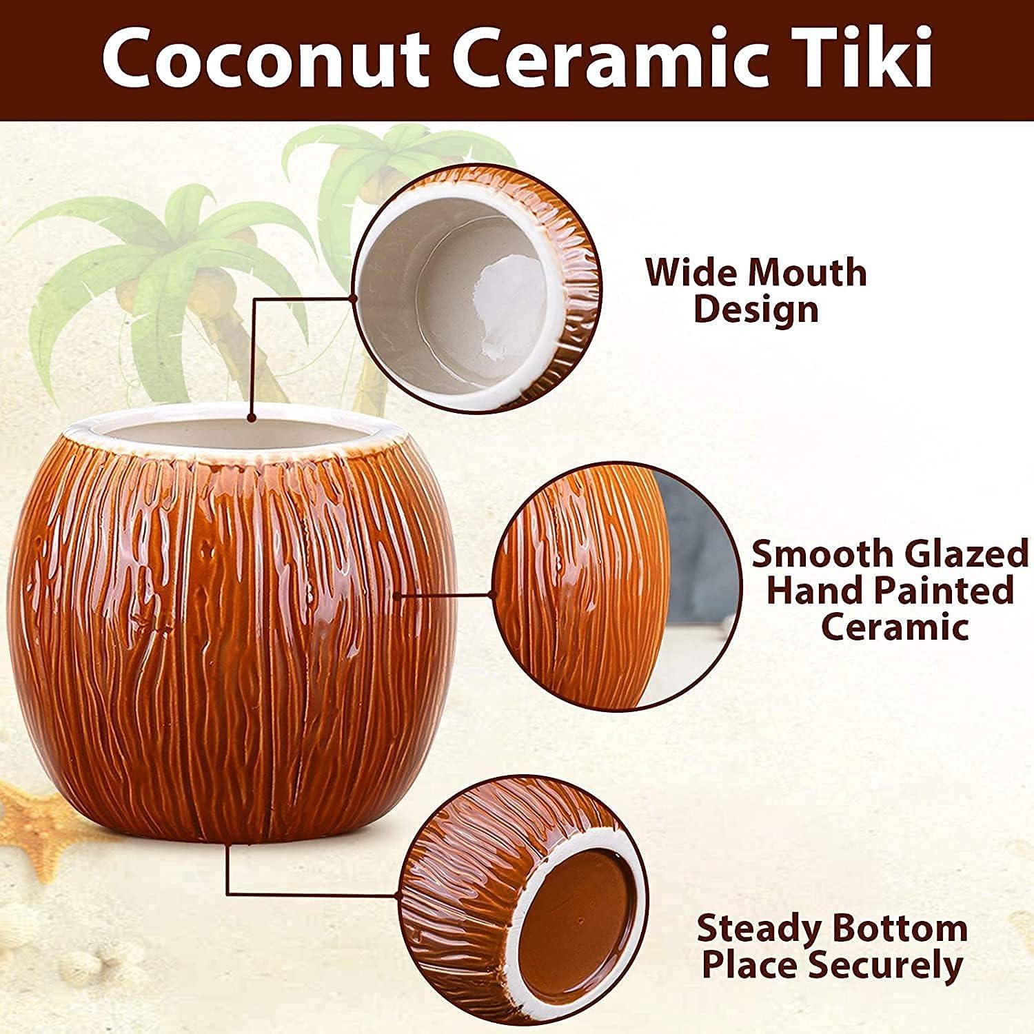 Keramik Tiki-Becher 530ml - 4er-Set Cocktailgläser Kokosnuss-Design