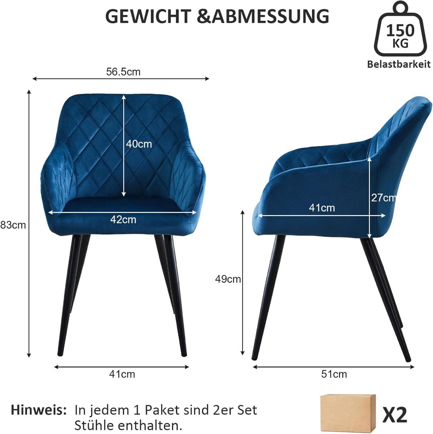 Esszimmerstuhl Set Samt Blau Armlehne Polstersessel Metallbeine