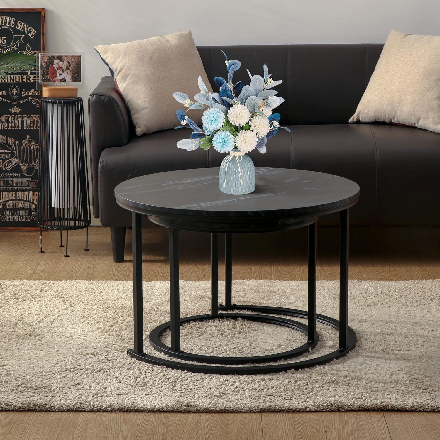 Moderner Runder Couchtisch 2er Set wasserdicht mit Metallrahmen Marmoroptik