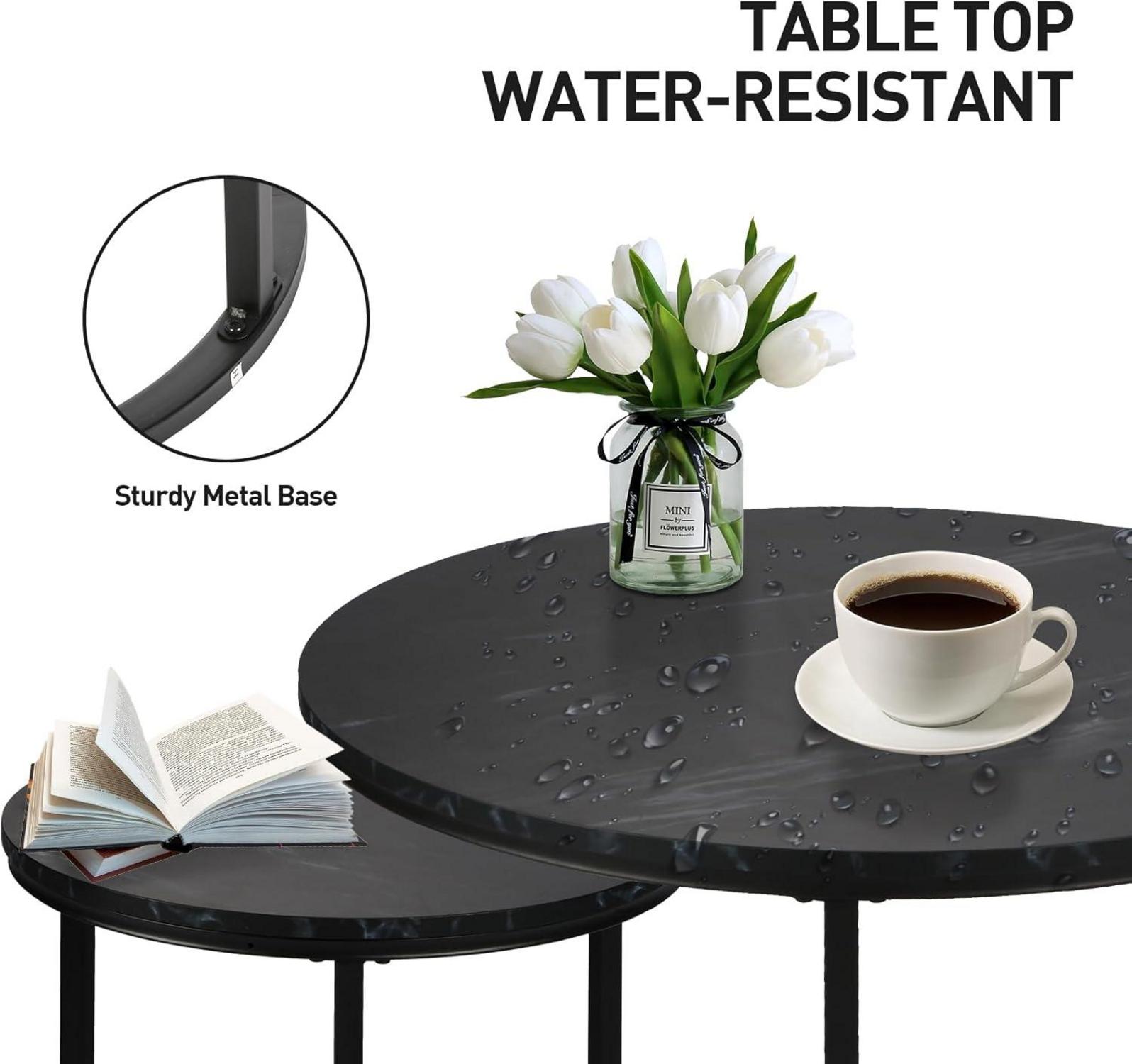 Runder Couchtisch-Set mit Marmormuster, Metallhalterung, modern, wasserdicht