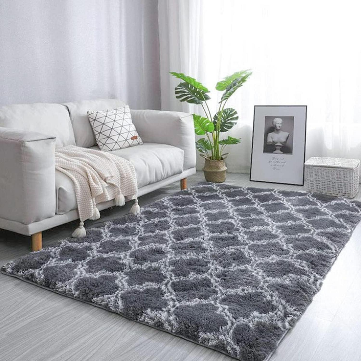 Hochflor Teppich Grau Langflor Wohnzimmer Schlafzimmer