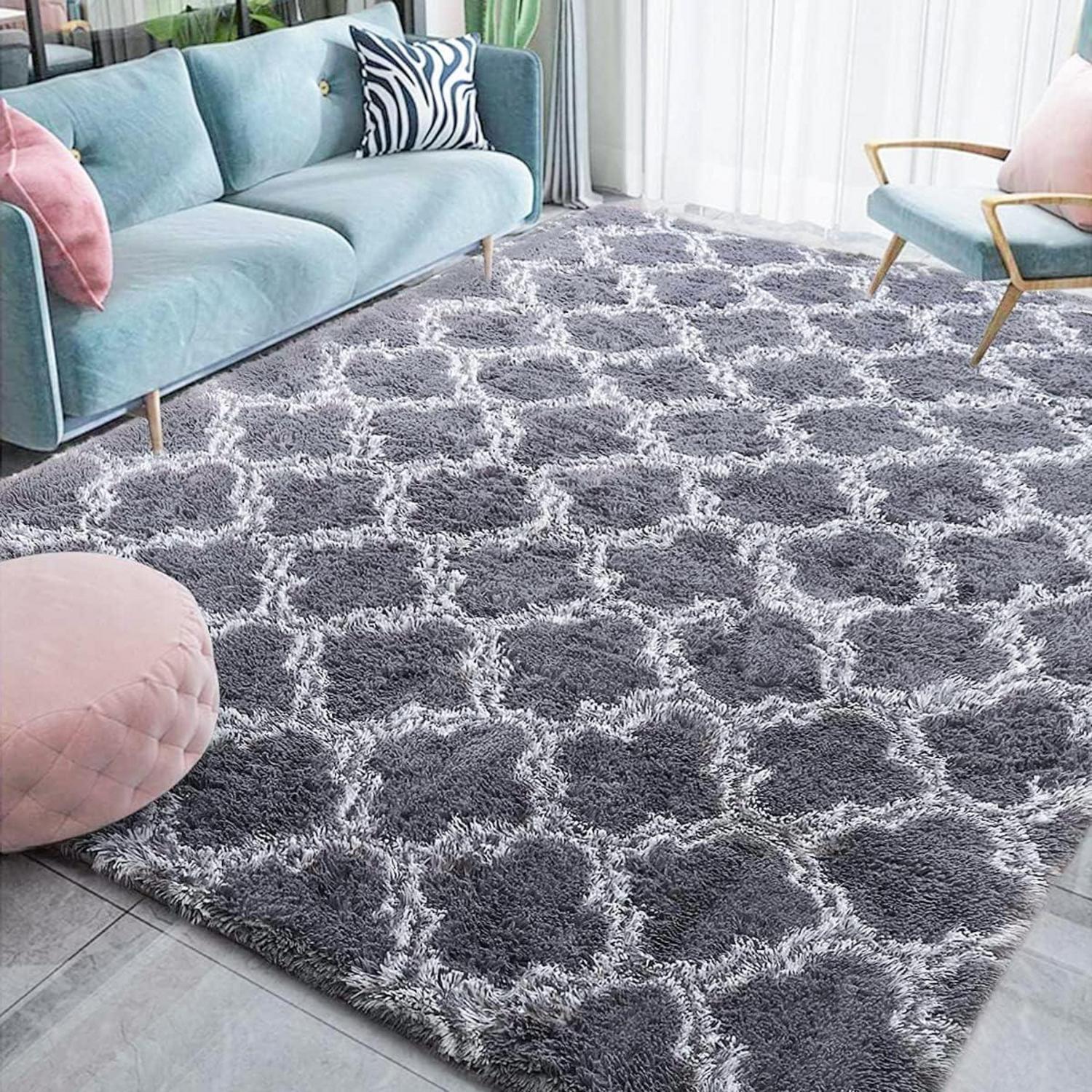 Hochflor Teppich Flauschig Wohnzimmer Schlafzimmer Modern Grau