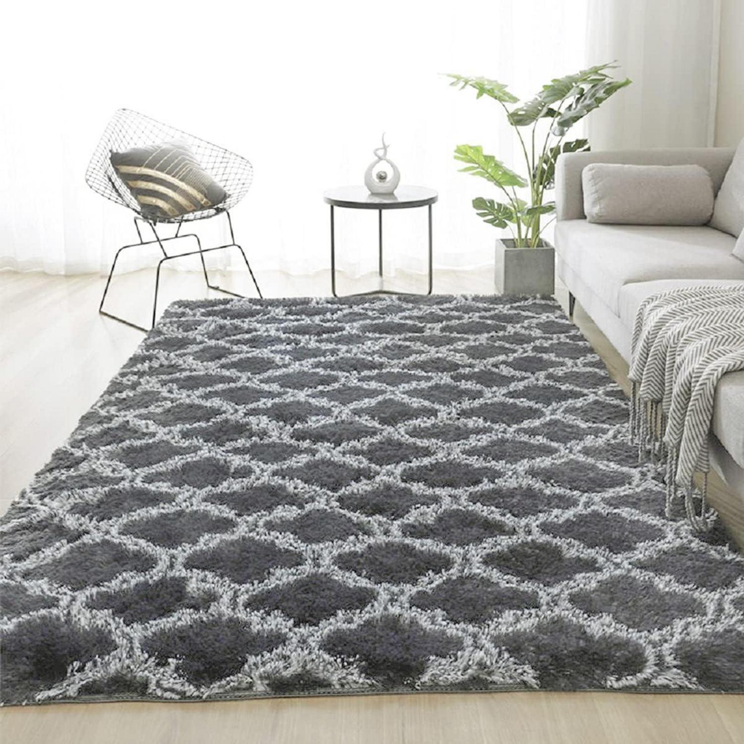Hochflor Teppich 185x185cm Grau Flauschig Modern Wohnzimmer Schlafzimmer