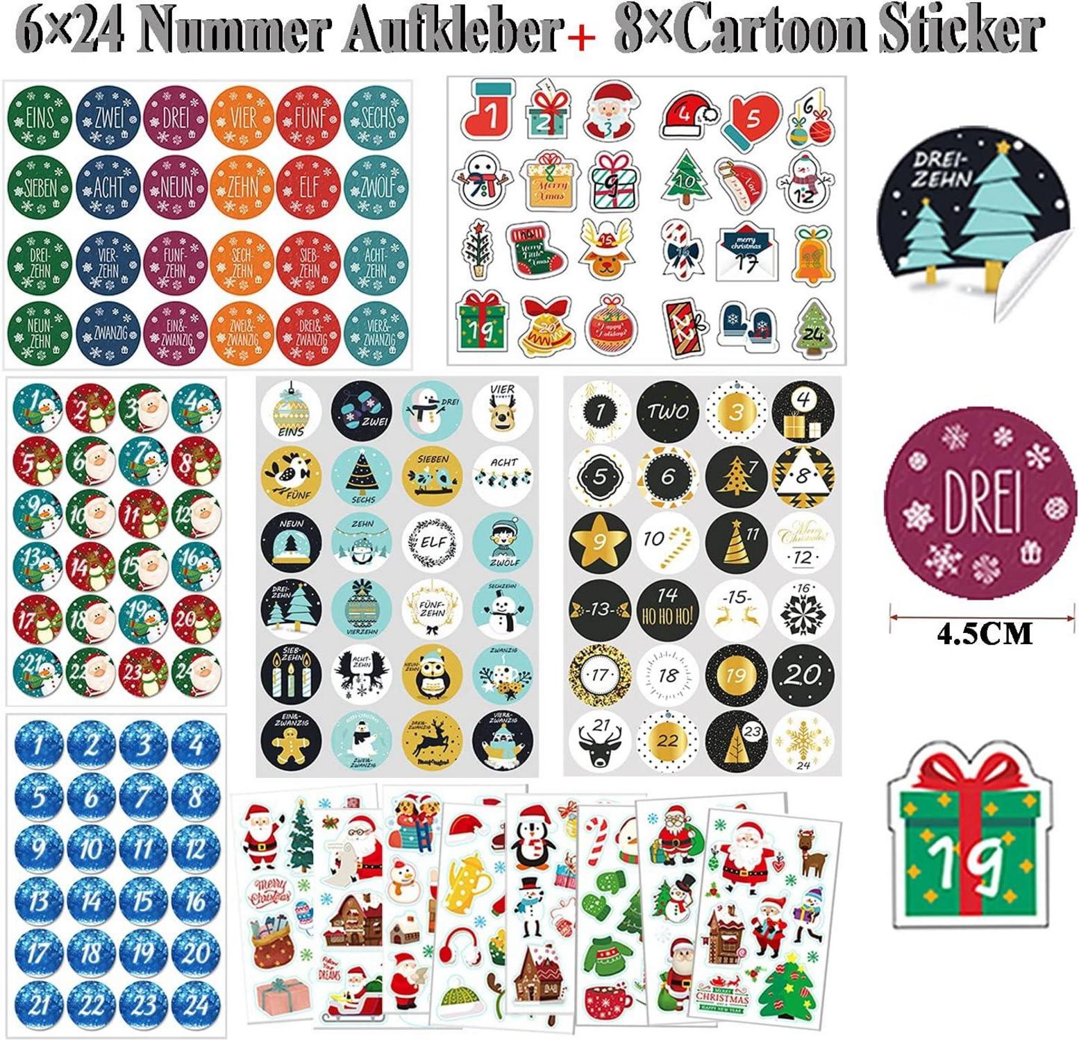 24 Adventskalender Nummer Aufkleber Weihnachten Set
