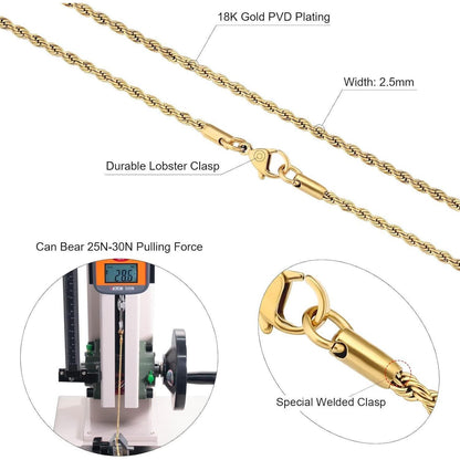 Goldfarbene Kette Herren Silberkette 2,5mm Edelstahl Rope Halskette