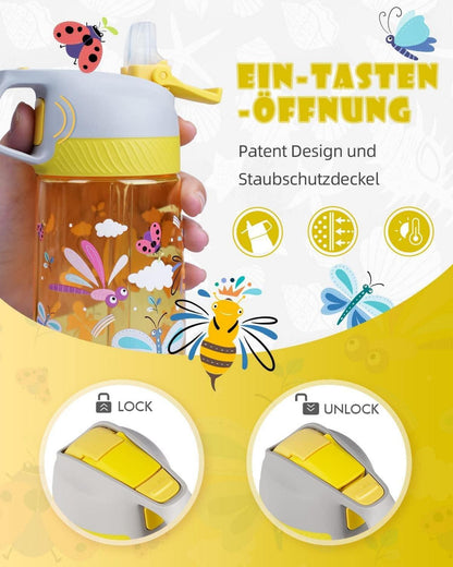 Kinder Trinkflasche mit Strohhalm 450ml aus Tritan Plastik - BPA frei - Auslaufsicher - Leicht - Gelber Schmetterling