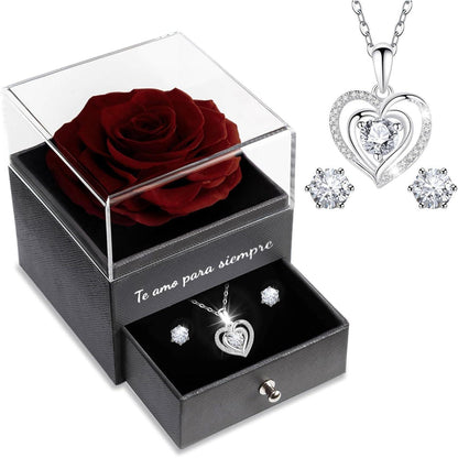 Konservierte Rose mit Herz-Halskette & Ohrringen – Ewiges Geschenk