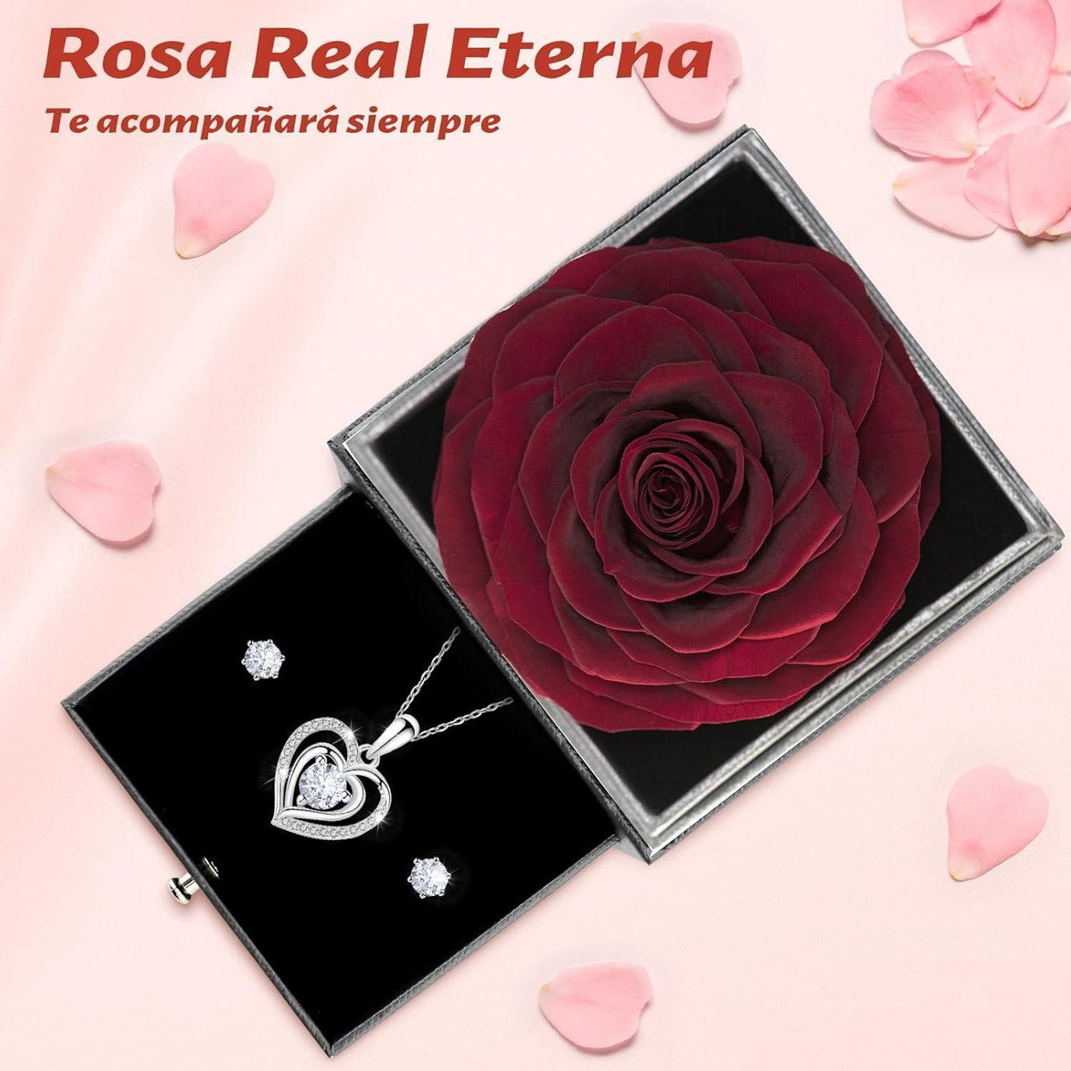 Konservierte Rose mit Herz-Halskette & Ohrringen – Ewiges Geschenk