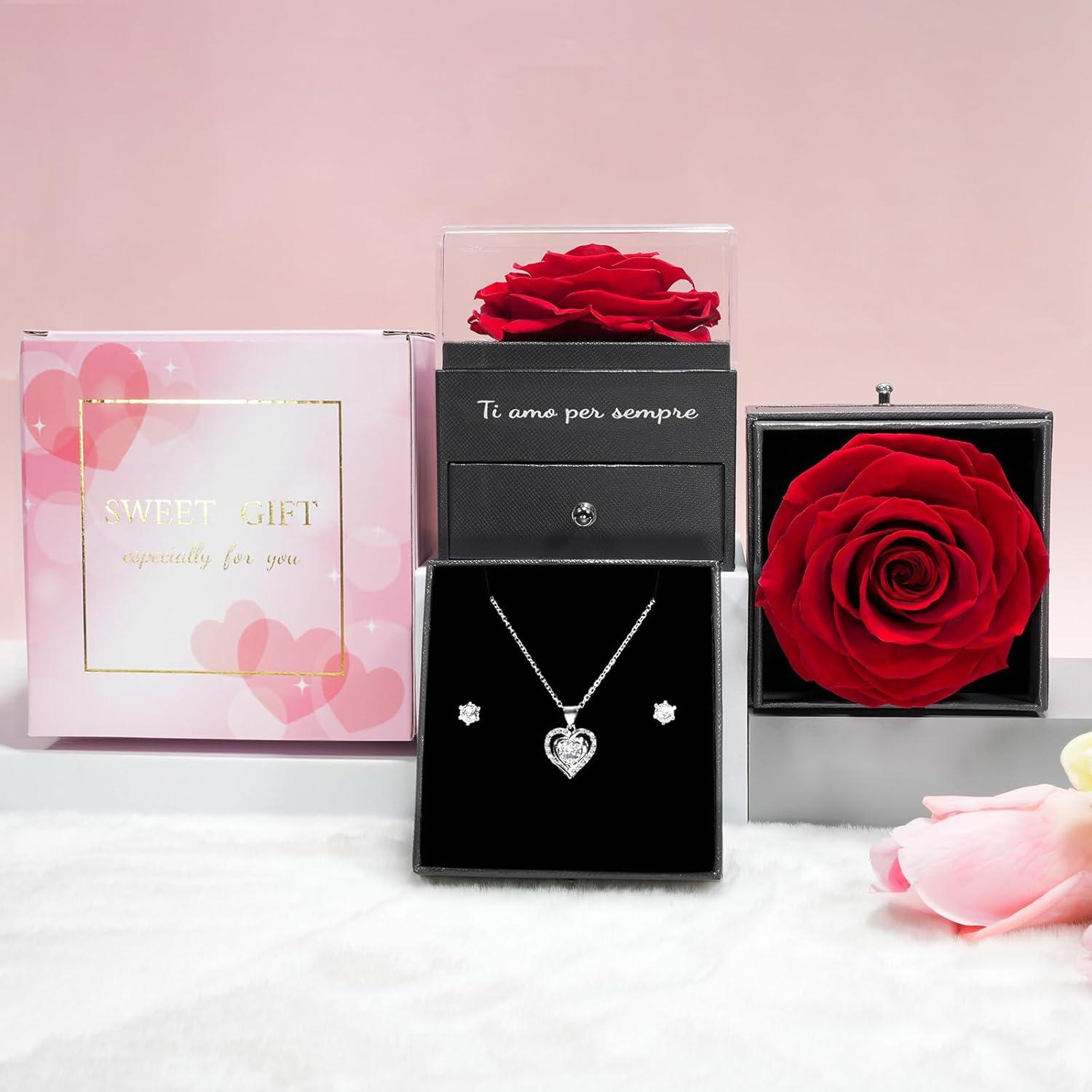 Ewige Konservierte Rose Geschenk Set Halskette Handgemacht Rot
