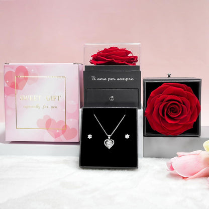 Ewige Konservierte Rose Geschenk Set Halskette Handgemacht Rot