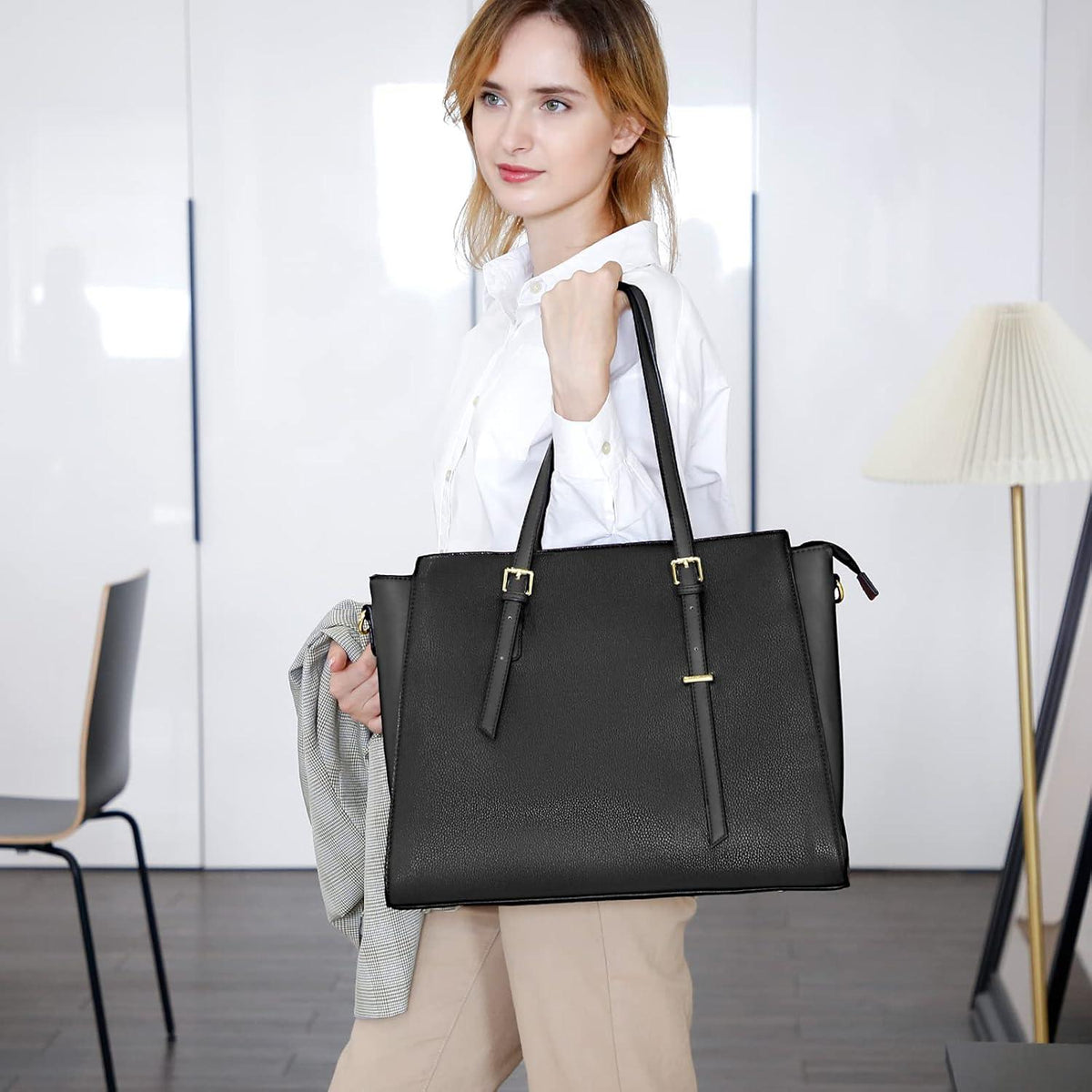 Handtasche Damen Shopper Große Schwarz Leder Umhängetasche 15.6 Zoll