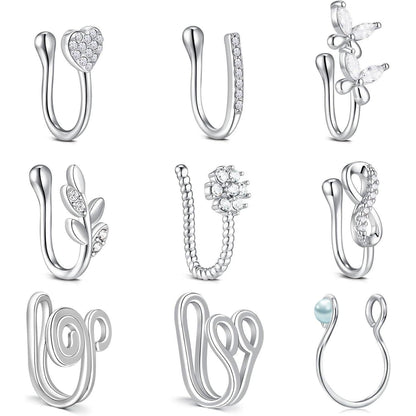 Fake Nasenpiercing Set 9 Stück Edelstahl Silber Stil 2