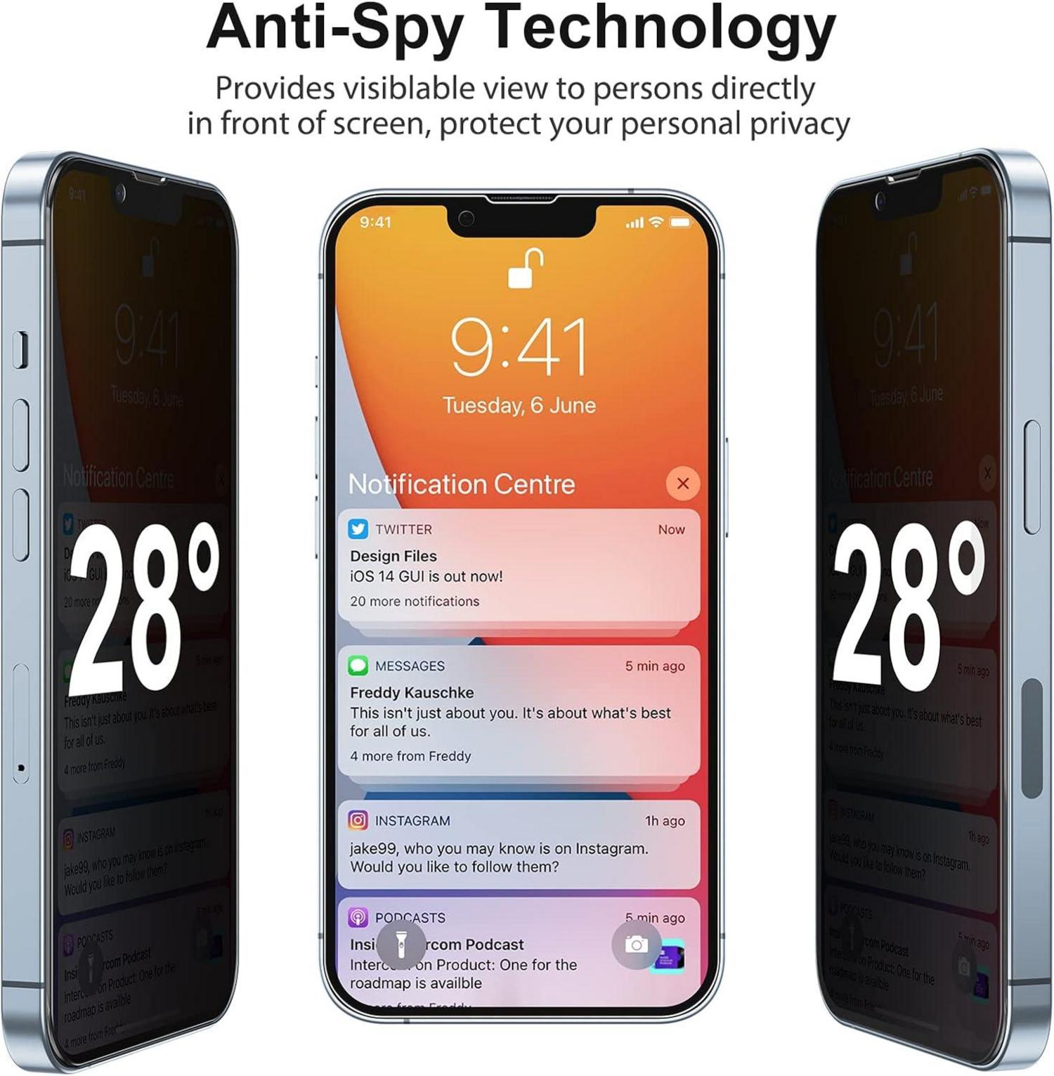 Sichtschutzfolie 2 Stück für iPhone 14 13 Pro 6,1 Zoll Anti-Spy Härte Glas