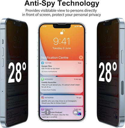 Sichtschutzfolie 2 Stück für iPhone 14 13 Pro 6,1 Zoll Anti-Spy Härte Glas