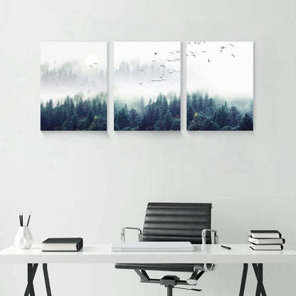 Nebelwald Leinwand Bilder Vögel Wald Deko Wohnzimmer Küche 30x40cm 3er Set