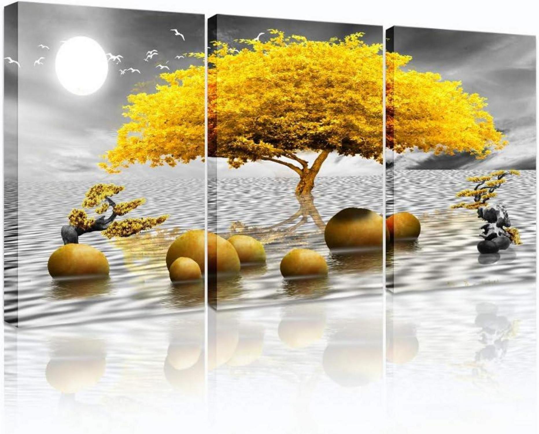 Wandbilder 3-teilig Gelb Baum Natur Gold Leinwand 30x40 Moderne Kunst