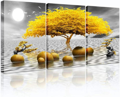 Wandbilder 3-teilig Gelb Baum Natur Gold Leinwand 30x40 Moderne Kunst