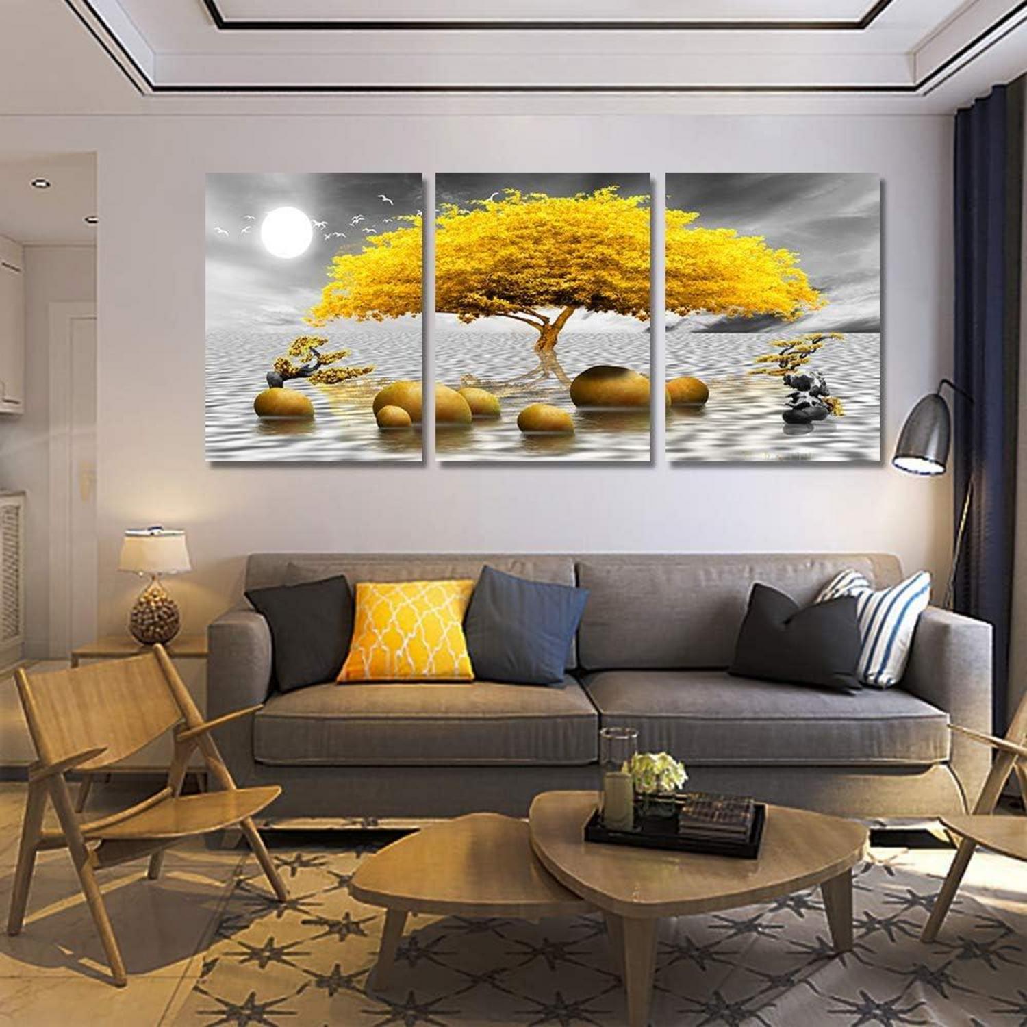 Wandbilder 3-teilig Gelb Baum Natur Gold Leinwand 30x40 Moderne Kunst