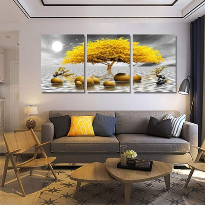 Wandbilder 3-teilig Gelb Baum Natur Gold Leinwand 30x40 Moderne Kunst