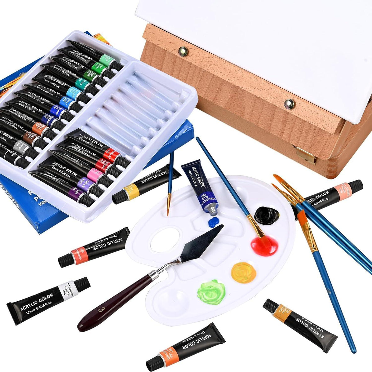 40tlg Acryl Malset Staffelei Koffer 24 Farben Palette Pinsel A4 Künstler