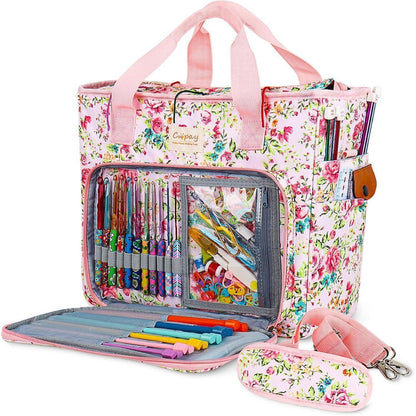 Große Stricktasche für Wolle und Häkelzubehör, Pinke Blumen L