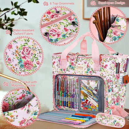 Große Stricktasche für Wolle und Häkelzubehör, Pinke Blumen L
